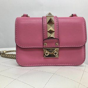 Valentino Glam Lock Leather Small Shoulder Bag, Pink